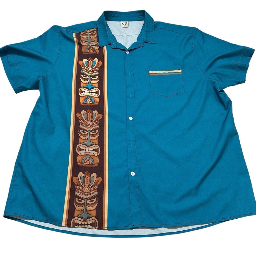 Hardaddy Tiki Shirt 3XL Teal Hawaiian Retro Button Up‎ Short Sleeve